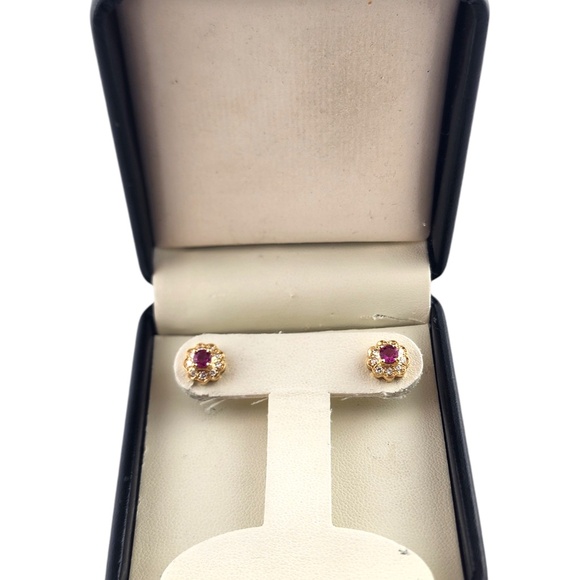 14 Karat Yellow Gold Diamond & Natural Pink Sapphire Halo Stud Earrings #19021 - Picture 7 of 8